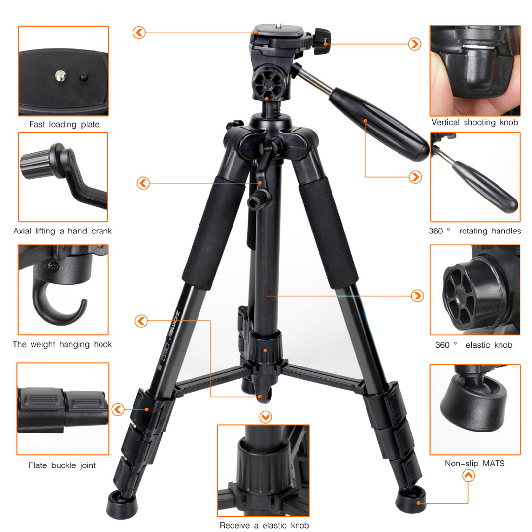 ZOMEI Tripod Kamera DSLR Q111 Professional 140CM Pan Head 3 Way 360 Derajat Aluminium Tripod Kamera Mirrorless HP Smartphone Kamera Video Fotografi Content Creator Maksimal Beban 5KG Dengan Tas Black - Gambar 9