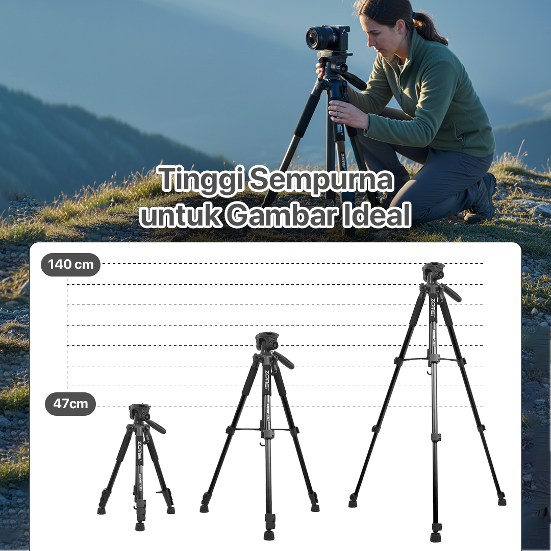 ZOMEI Tripod Kamera DSLR Q111 Professional 140CM Pan Head 3 Way 360 Derajat Aluminium Tripod Kamera Mirrorless HP Smartphone Kamera Video Fotografi Content Creator Maksimal Beban 5KG Dengan Tas Black - Gambar 6
