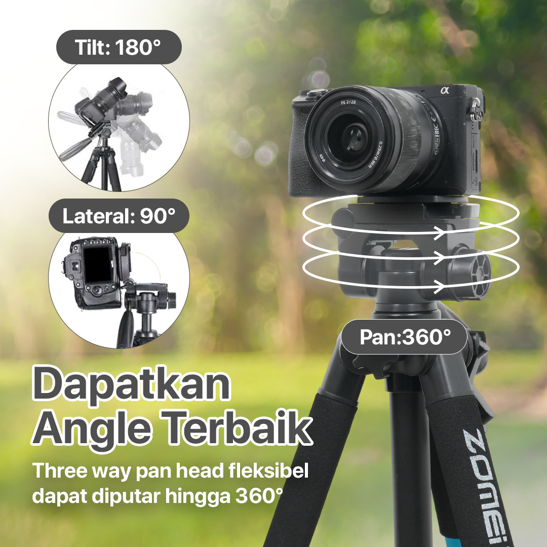 ZOMEI Tripod Kamera DSLR Q111 Professional 140CM Pan Head 3 Way 360 Derajat Aluminium Tripod Kamera Mirrorless HP Smartphone Kamera Video Fotografi Content Creator Maksimal Beban 5KG Dengan Tas Black - Gambar 5