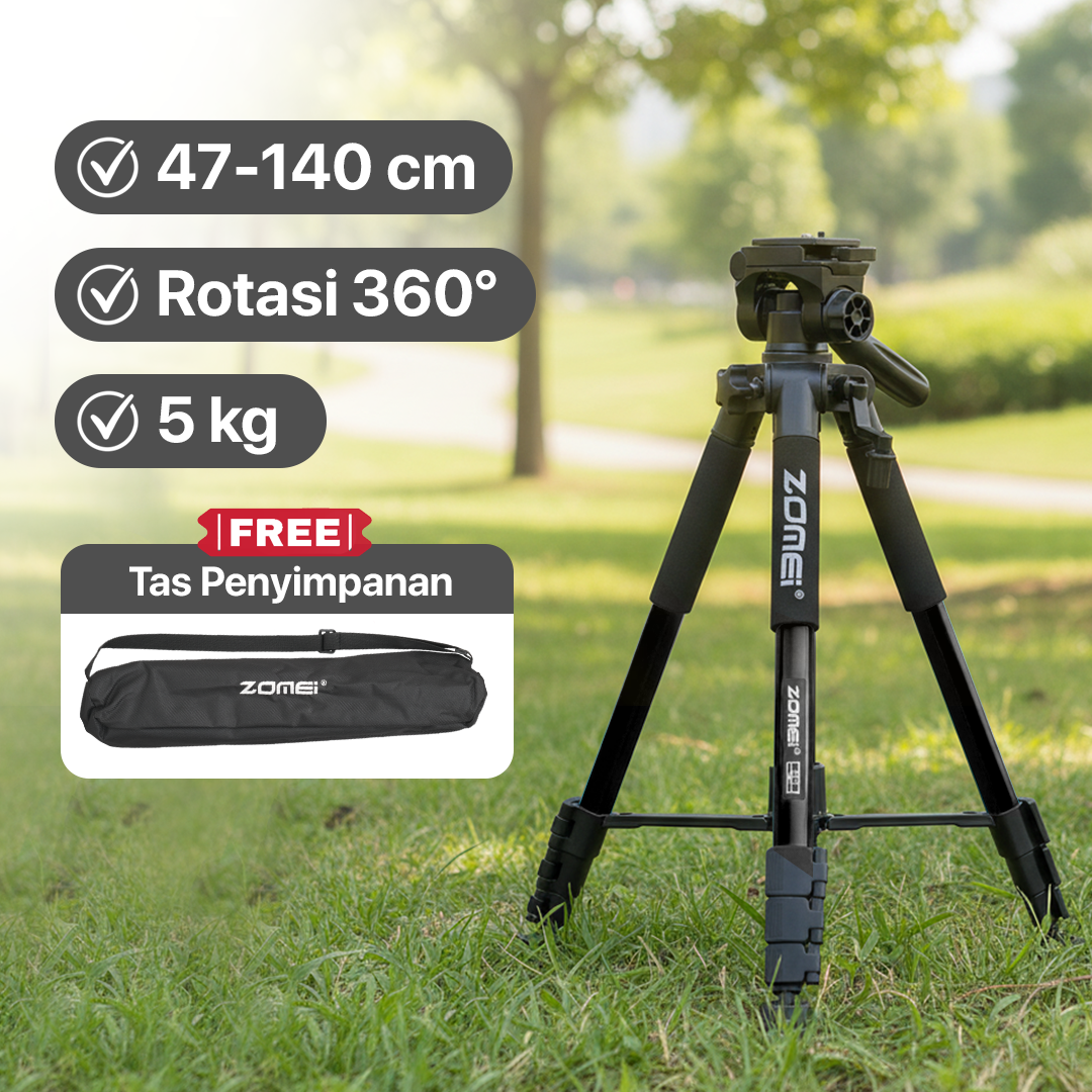 ZOMEI Tripod Kamera DSLR Q111 Professional 140CM Pan Head 3 Way 360 Derajat Aluminium Tripod Kamera Mirrorless HP Smartphone Kamera Video Fotografi Content Creator Maksimal Beban 5KG Dengan Tas Black - Gambar 4
