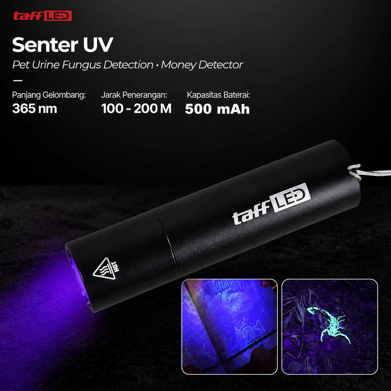 TaffLED Senter UV Mini Rechargeable Money Detector 365nm 500mAh - S11-Z Alat Deteksi Uang Palsu Cek Sertifikat Dokumen Asli Detektor Air Mani Urin Hewan Kucing Kalajengking Perhiasan Kualitas Original Body Alumunium Awet Kompak Praktis Serbaguna - Gambar 6