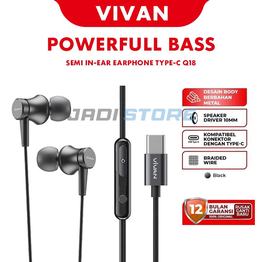 Vivan Q18 USB-C Headset Earphone Earbuds Type C Metal Body with Mic Braided Cable Original Garansi Resmi 1 Tahun Headset Vivan Jack Audio Type C Q18 Vivan Q18 Headset Semi In-Ear Type-C Wired Powerful Bass - Gambar 2