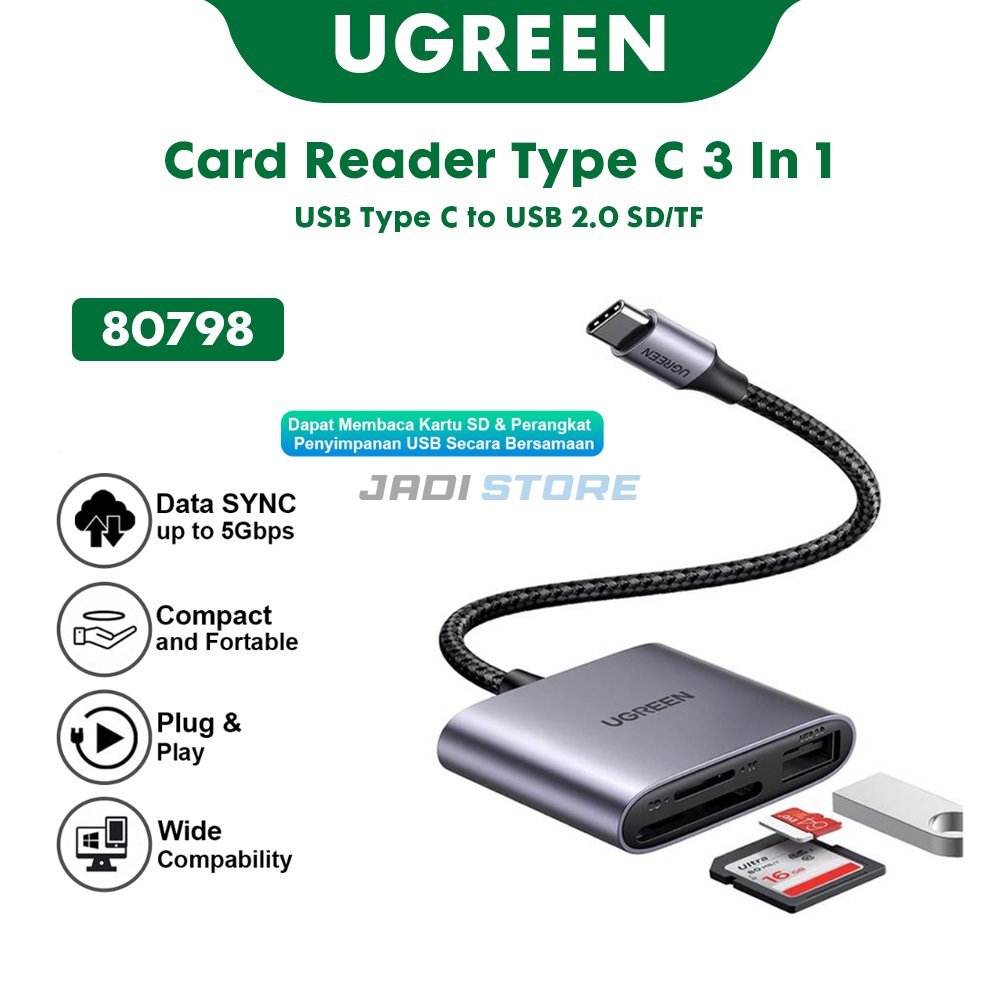 UGREEN Card Reader OTG USB Type C to SD TF Card Reader Adapter 3 in 1 - Konverter USB C ke USB 2.0 Hub Slot Micro SD Memory Card Flashdisk Data Transfer - 80798 Converter OTG Laptop MacBook HP Android iPad Pengisi Data Cepat Stabil Original Garansi Resmi - Gambar 7