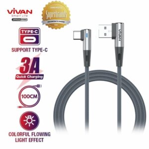 VIVAN BWC100S Kabel Data USB Type C Fast Charging 3A 1 Meter - Kabel Charger Gaming Desain Siku 90 Derajat Material Braided Nylon Kuat Dan Awet Solusi Cas Cepat Sambil Main Game Tanpa Terganggu Jadi Store - Gambar 7