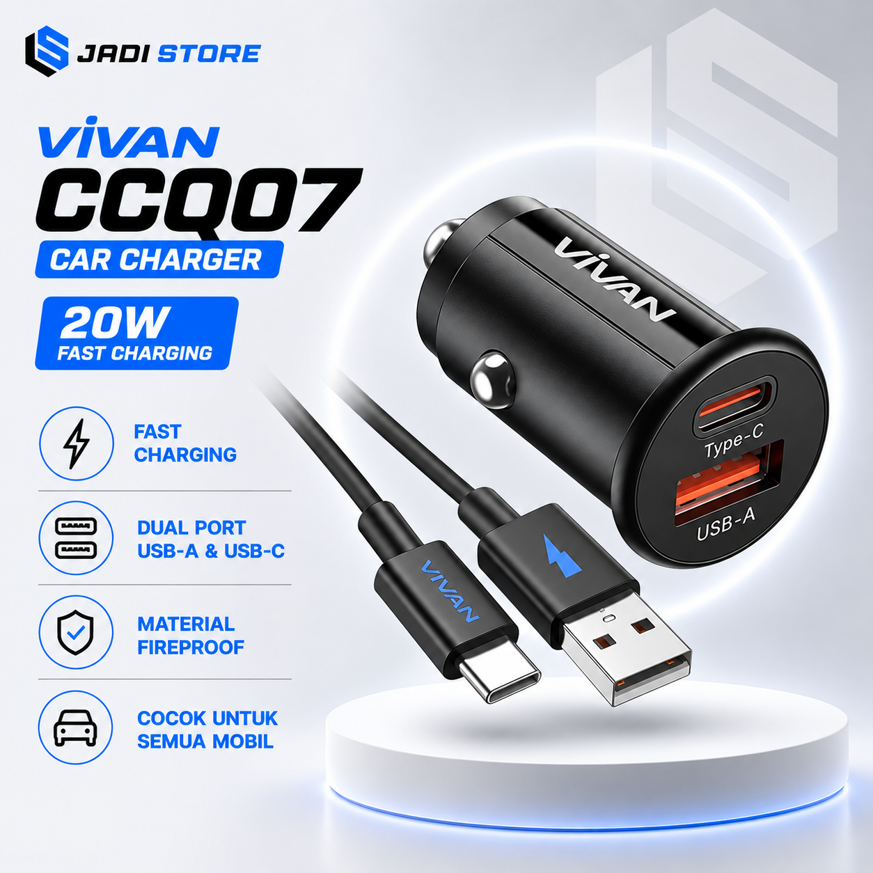 VIVAN CCQ07 Car Charger Mobil Fast Charging 20W Dual Port USB-A dan USB Type-C Adaptor Charger Mobil Pengisian Cepat untuk Smartphone dan Tablet dengan PD QC Desain Minimalis Material Fireproof PC Aluminium - Gambar 2