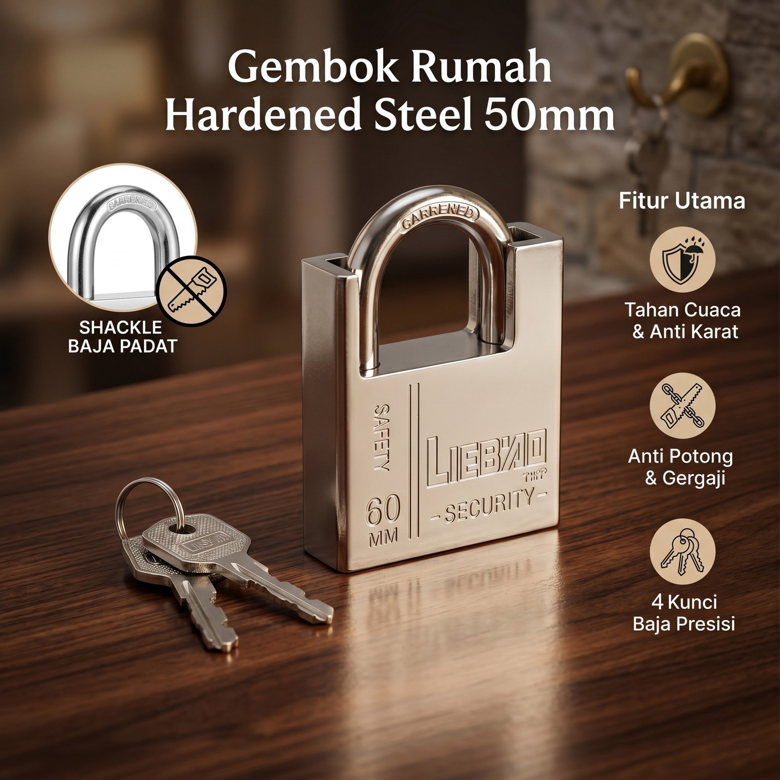 LIEBAO Gembok Rumah Anti Maling Hardened Steel Padlock 50mm LB-050 Gembok Pagar Pintu Gudang Ruko Anti Potong Anti Gergaji Tahan Karat Weather Resistant 3 Anak Kunci - Gambar 5