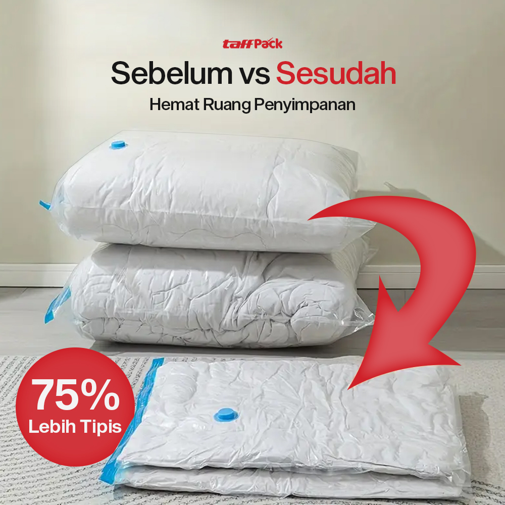 TaffPACK Kantong Plastik Vakum Pakaian 70x100cm Vacuum Compression Bag Jumbo Storage Organizer Baju Bed Cover Selimut Bantal Lemari Koper Travel Kedap Udara Anti Debu Anti Jamur Reusable Transparent - Gambar 9
