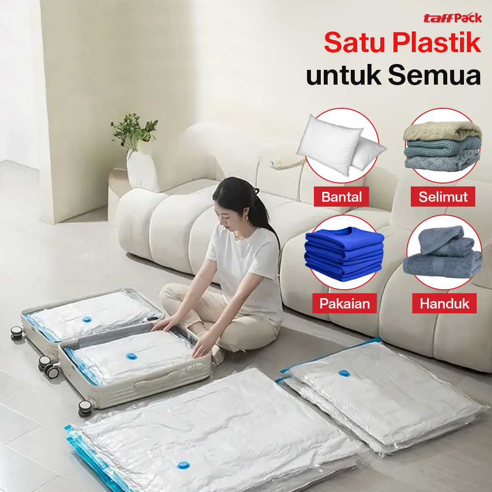 TaffPACK Kantong Plastik Vakum Pakaian 70x100cm Vacuum Compression Bag Jumbo Storage Organizer Baju Bed Cover Selimut Bantal Lemari Koper Travel Kedap Udara Anti Debu Anti Jamur Reusable Transparent - Gambar 8