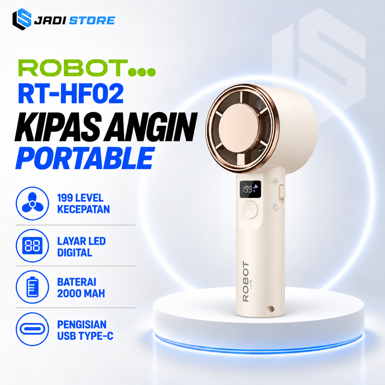 ROBOT RT-HF02 Kipas Angin Beige Portable Mini High Speed 9000RPM Baterai 2000mAh 199 Level Kecepatan Layar LED Digital USB Type-C Kipas Angin Rechargeable Ringkas untuk Traveling Kantor Konser dan Aktivitas Sehari-hari
