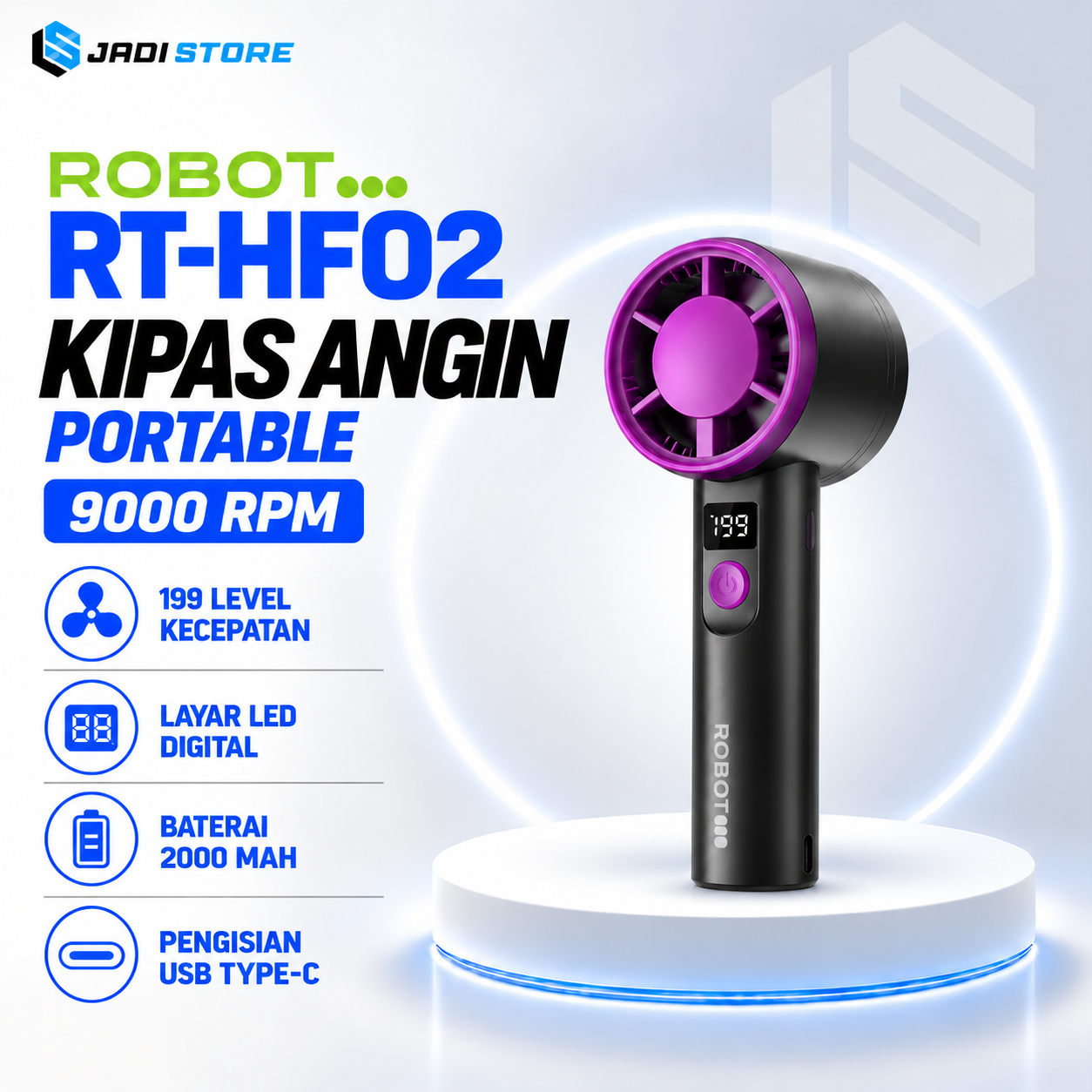 ROBOT RT-HF02 Kipas Angin Black Portable Mini Fan High Speed 9000RPM Baterai 2000mAh 199 Level Kecepatan Layar LED Digital Pengisian USB Type-C DC 5V 1A Kipas Angin Mini Rechargeable untuk Traveling Kantor dan Aktivitas Harian