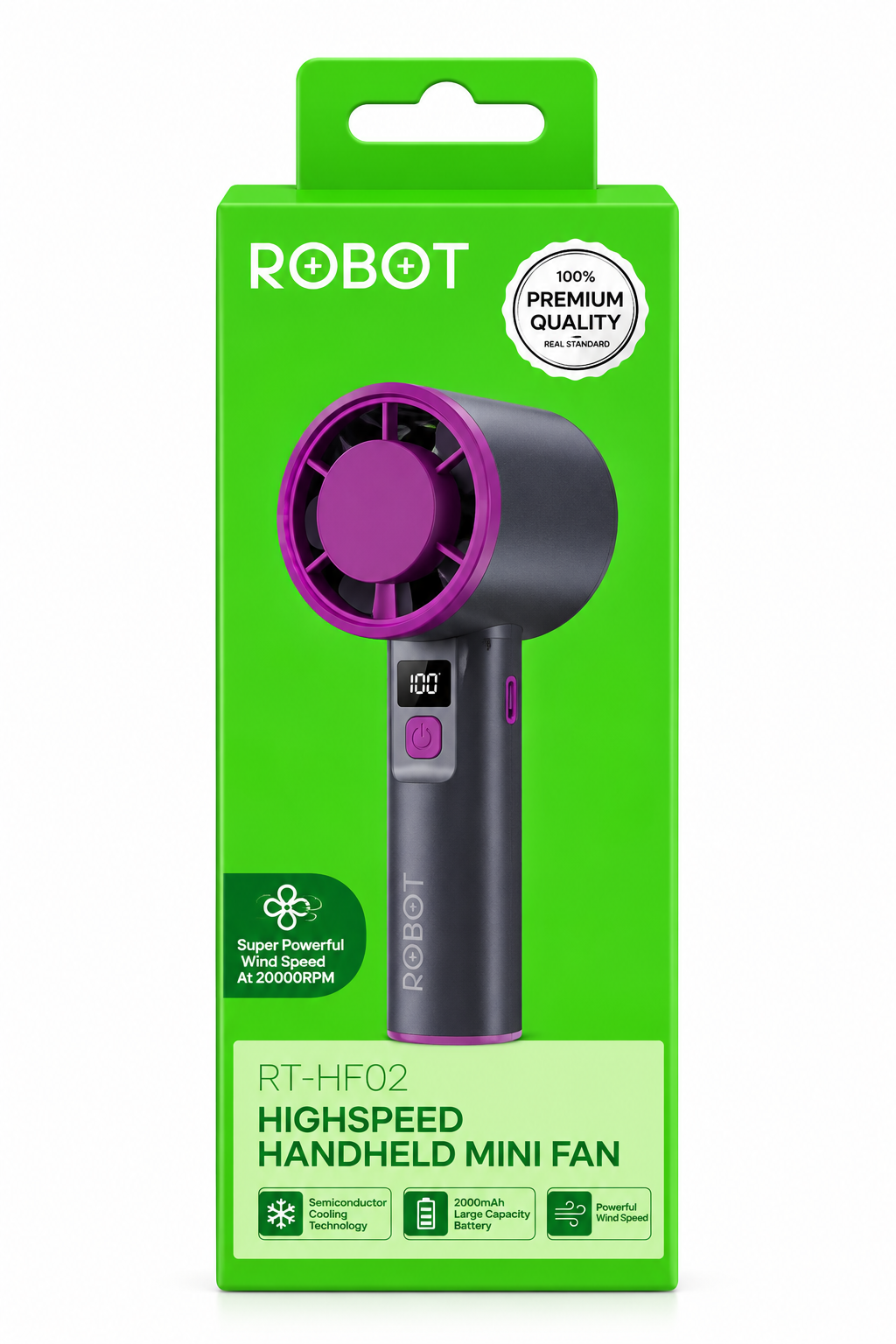 ROBOT RT-HF02 Kipas Angin Black Portable Mini Fan High Speed 9000RPM Baterai 2000mAh 199 Level Kecepatan Layar LED Digital Pengisian USB Type-C DC 5V 1A Kipas Angin Mini Rechargeable untuk Traveling Kantor dan Aktivitas Harian - Gambar 7