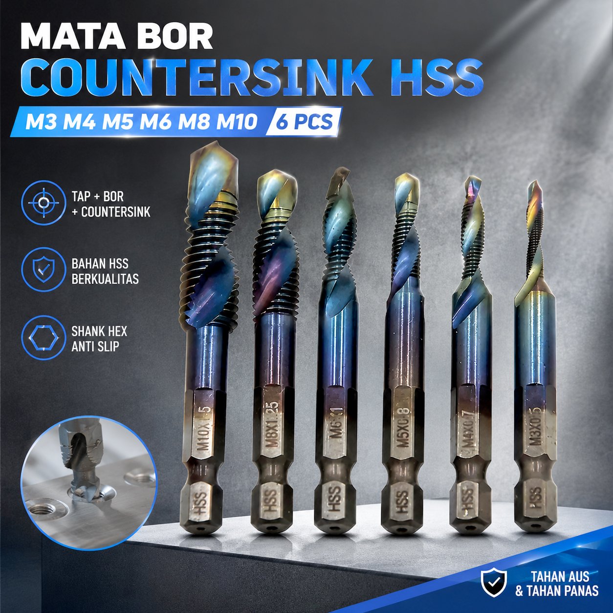 WALFRONT Mata Bor Drill Bit Countersink HSS M3-M10 6 PCS Mata Bor Drat Baut Set Pembuat Ulir Kecil Tap Senai Snai Mata Bor Ulir Baut Tap Drat Bor Besi Baja Kayu Aluminium Set Mata Bor Ulir Kombinasi Countersink Drill Bit HSS M3 M4 M5 M6 M8 M10 - Gambar 3
