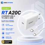 ROBOT RT-A20C Charger USB C to USB C PD 20W Fast Charging Original Kepala Casan dan Kabel Type C 1 Meter Adapter Charger Quick Charge untuk Android Tablet Power Delivery Multi Protection Aman dan Stabil