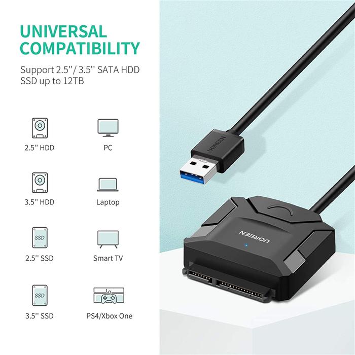 UGREEN 20611 USB 3.0 to SATA Hard Drive Converter HDD SSD 2.5 Inch 3.5 Inch Adapter Kabel SATA ke USB External Hard Drive Reader Transfer Data 5Gbps untuk Backup Upgrade PC Laptop dengan Adaptor 12V Original - Gambar 2