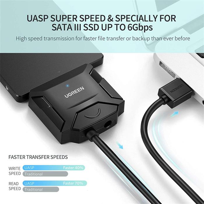 UGREEN 20611 USB 3.0 to SATA Hard Drive Converter HDD SSD 2.5 Inch 3.5 Inch Adapter Kabel SATA ke USB External Hard Drive Reader Transfer Data 5Gbps untuk Backup Upgrade PC Laptop dengan Adaptor 12V Original - Gambar 3