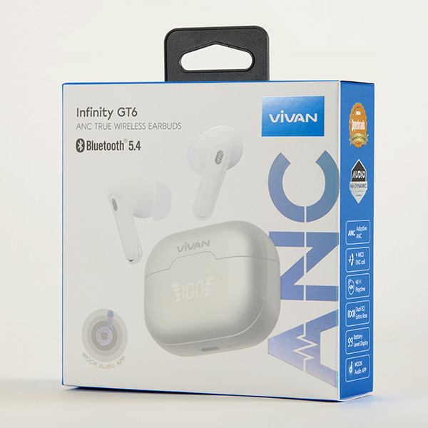 VIVAN Infinity GT-6 TWS Bluetooth 5.4 Earphone Wireless Adaptive ANC ENC 4 Mic Headset True Wireless LCD Display Deep Bass Low Latency 38ms Gaming Musik Stereo Touch Control Type C IPX5 Garansi Resmi Warna Putih - Gambar 6