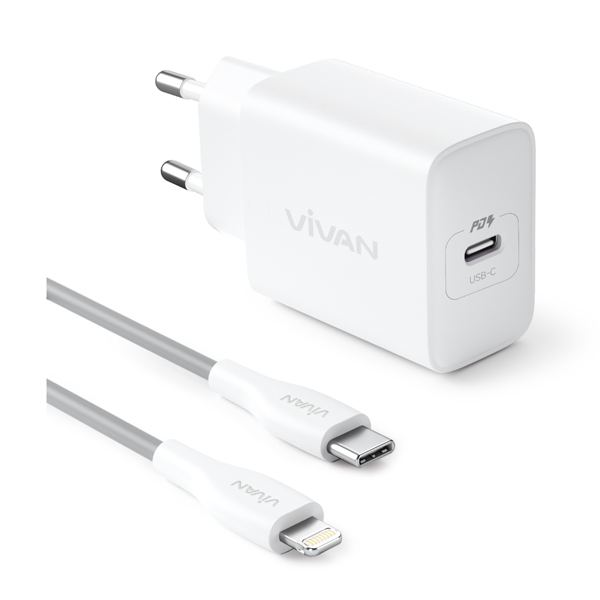 VIVAN C20SL Charger 20W USB C PD Fast Charging Set Adaptor Kepala Charger Include Kabel Type C to Lightning 1M Original QC3.0 PPS AFC Smart Protection Temperature Control Super Fast Charge Garansi Resmi 12 Bulan Warna Putih - Gambar 2