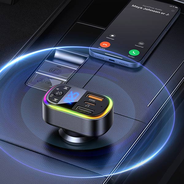 ROBOT RBT01 Car Bluetooth FM Transmitter 35W Charger Mobil PD QC3.0 Bluetooth 6.0 Dual Port USB Type C Handsfree Audio Receiver MP3 Player USB Flashdisk TF Card Fast Charging Lampu Ambient 7 Warna Black - Gambar 3