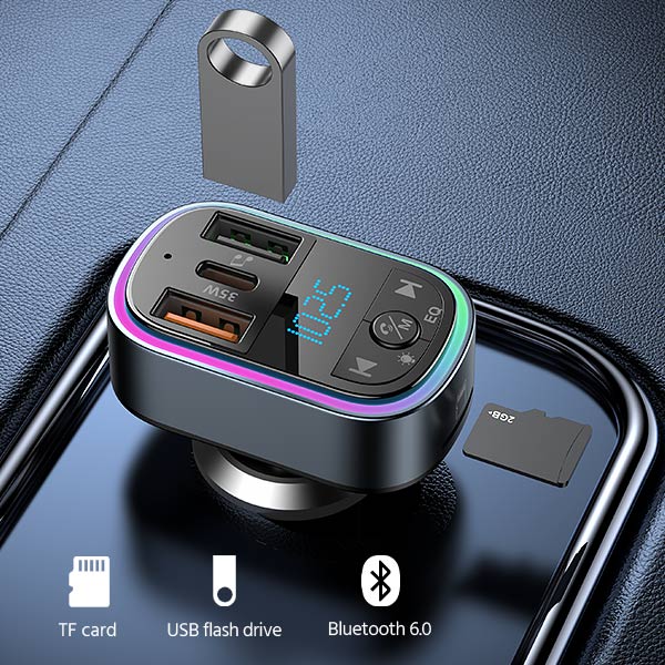 ROBOT RBT01 Car Bluetooth FM Transmitter 35W Charger Mobil PD QC3.0 Bluetooth 6.0 Dual Port USB Type C Handsfree Audio Receiver MP3 Player USB Flashdisk TF Card Fast Charging Lampu Ambient 7 Warna Black - Gambar 5