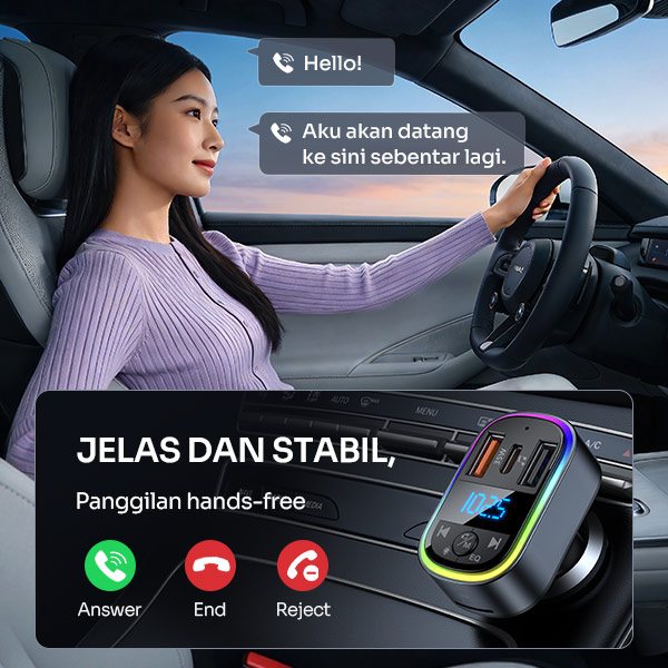ROBOT RBT01 Car Bluetooth FM Transmitter 35W Charger Mobil PD QC3.0 Bluetooth 6.0 Dual Port USB Type C Handsfree Audio Receiver MP3 Player USB Flashdisk TF Card Fast Charging Lampu Ambient 7 Warna Black - Gambar 6