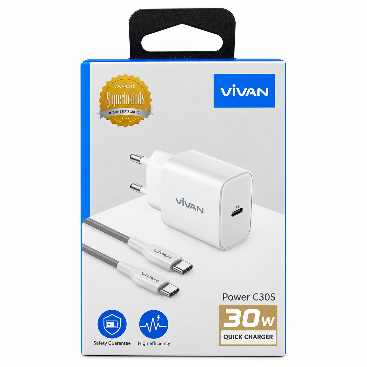VIVAN Power C30S Charger 30W USB C PD Super Fast Charging Set Adaptor Kepala Charger Include Kabel Type C to Type C 3A Original QC3.0 Power Delivery 8 Safety Protection Mini Charger Garansi Resmi 12 Bulan Putih - Gambar 6