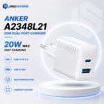 Anker A2348L21 PowerPort Wall Charger Dual Port USB-C USB-A 20W PD 3.0 Fast Charging Original Kepala Charger Adapter Type C 18W untuk Smartphone Tablet Power Bank Earbuds Perangkat USB Warna Putih