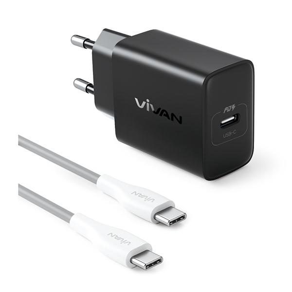 VIVAN Power C20S Charger 20W USB C PD Fast Charging Set Adaptor Kepala Charger Type C to Type C Kabel 1M Original QC3.0 PPS AFC Smart Protection Temperature Control Super Fast Charge Garansi Resmi 12 Bulan Warna Hitam - Gambar 2