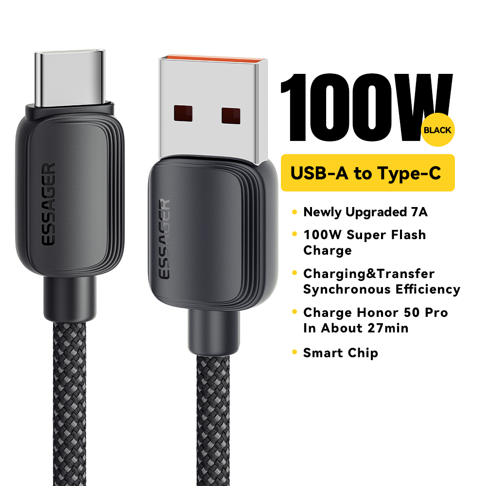 ESSAGER Kabel Data USB A to USB Type C Fast Charging 100W 7A ES-X46 Transfer Data 480Mbps Material TPE Anti Kusut Kepala Pipih Ergonomis Kabel Charger USB C untuk Smartphone Tablet Laptop Power Bank Perangkat USB Type C Original 2 Meter Black - Gambar 3