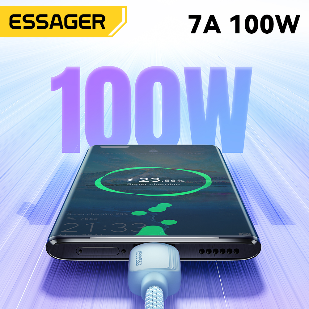 ESSAGER Kabel Data USB A to USB Type C Fast Charging 100W 7A ES-X46 Transfer Data 480Mbps Material TPE Anti Kusut Kepala Pipih Ergonomis Kabel Charger USB C untuk Smartphone Tablet Laptop Power Bank Perangkat USB Type C Original 2 Meter Black - Gambar 6