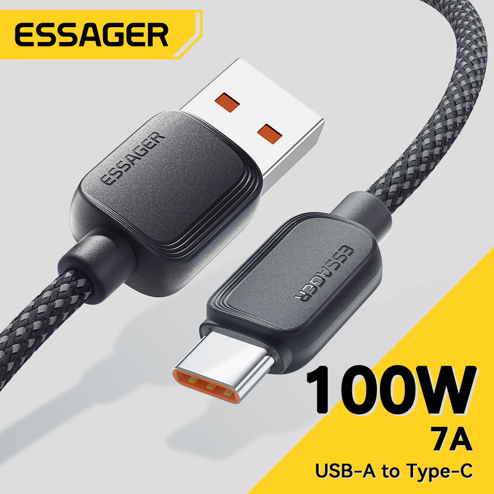 ESSAGER Kabel Data USB A to USB Type C Fast Charging 100W 7A ES-X46 Transfer Data 480Mbps Material TPE Anti Kusut Kepala Pipih Ergonomis Kabel Charger USB C untuk Smartphone Tablet Laptop Power Bank Perangkat USB Type C Original 2 Meter Black - Gambar 2