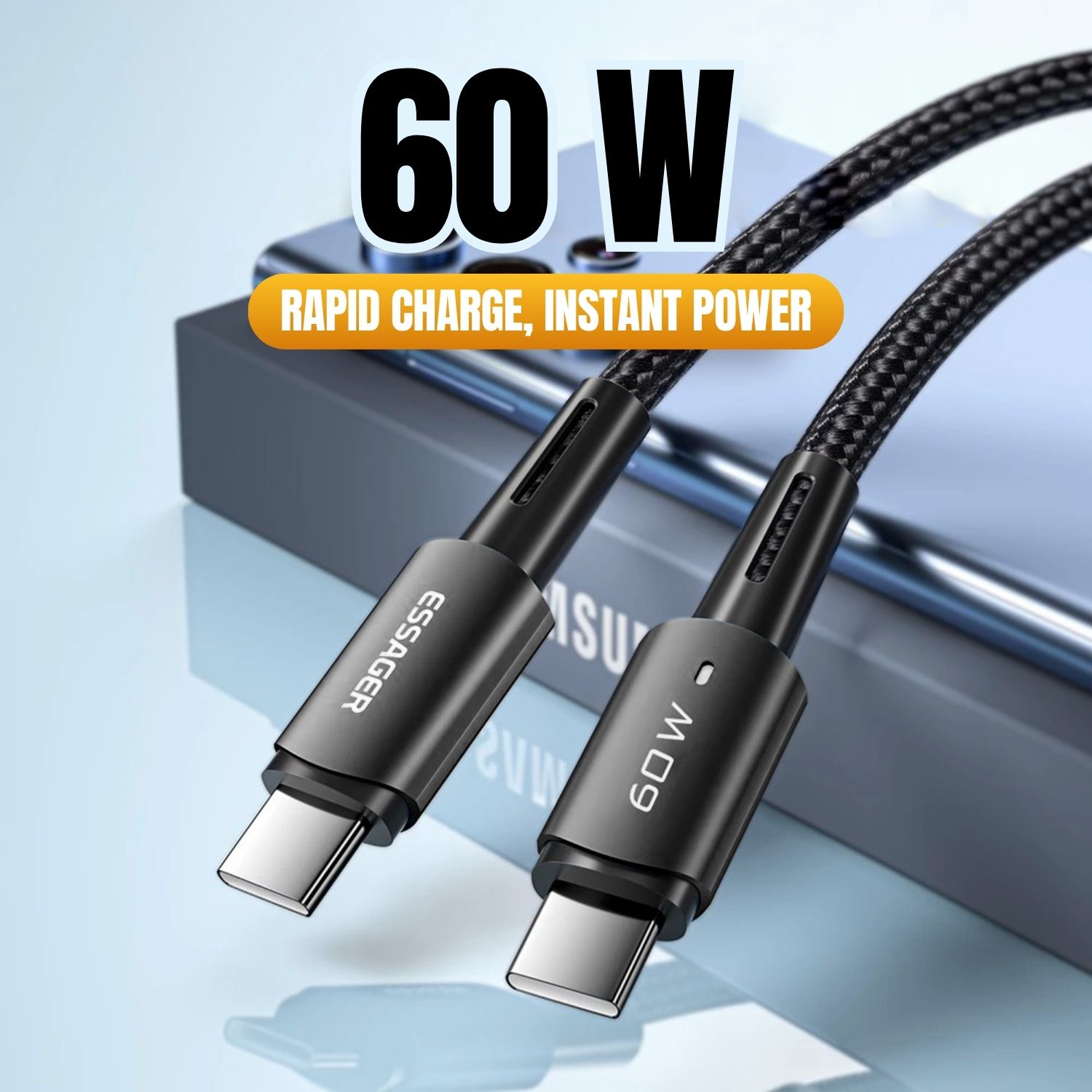 ESSAGER Kabel Data USB Type C to USB Type C Fast Charging LED Braided 60W ES-X16 Transfer Data 480Mbps Nylon Braided Aluminium Alloy Lampu LED Kabel Charger USB C untuk Laptop Tablet Smartphone Perangkat USB Type C Original 2 Meter Black - Gambar 2