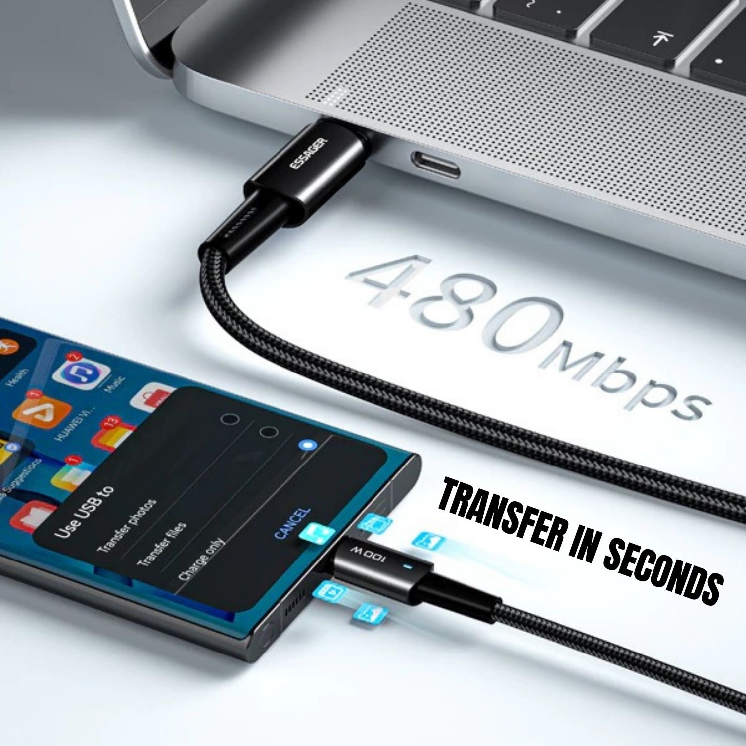 ESSAGER Kabel Data USB Type C to USB Type C Fast Charging LED Braided 60W ES-X16 Transfer Data 480Mbps Nylon Braided Aluminium Alloy Lampu LED Kabel Charger USB C untuk Laptop Tablet Smartphone Perangkat USB Type C Original 2 Meter Black - Gambar 8