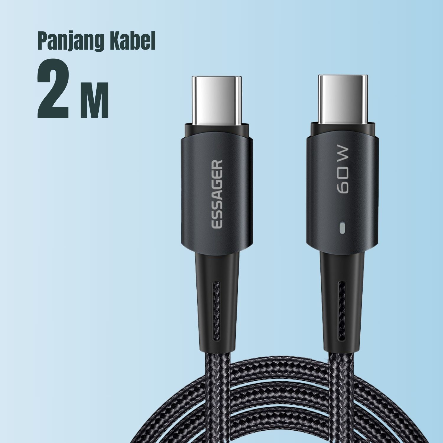 ESSAGER Kabel Data USB Type C to USB Type C Fast Charging LED Braided 60W ES-X16 Transfer Data 480Mbps Nylon Braided Aluminium Alloy Lampu LED Kabel Charger USB C untuk Laptop Tablet Smartphone Perangkat USB Type C Original 2 Meter Black - Gambar 4