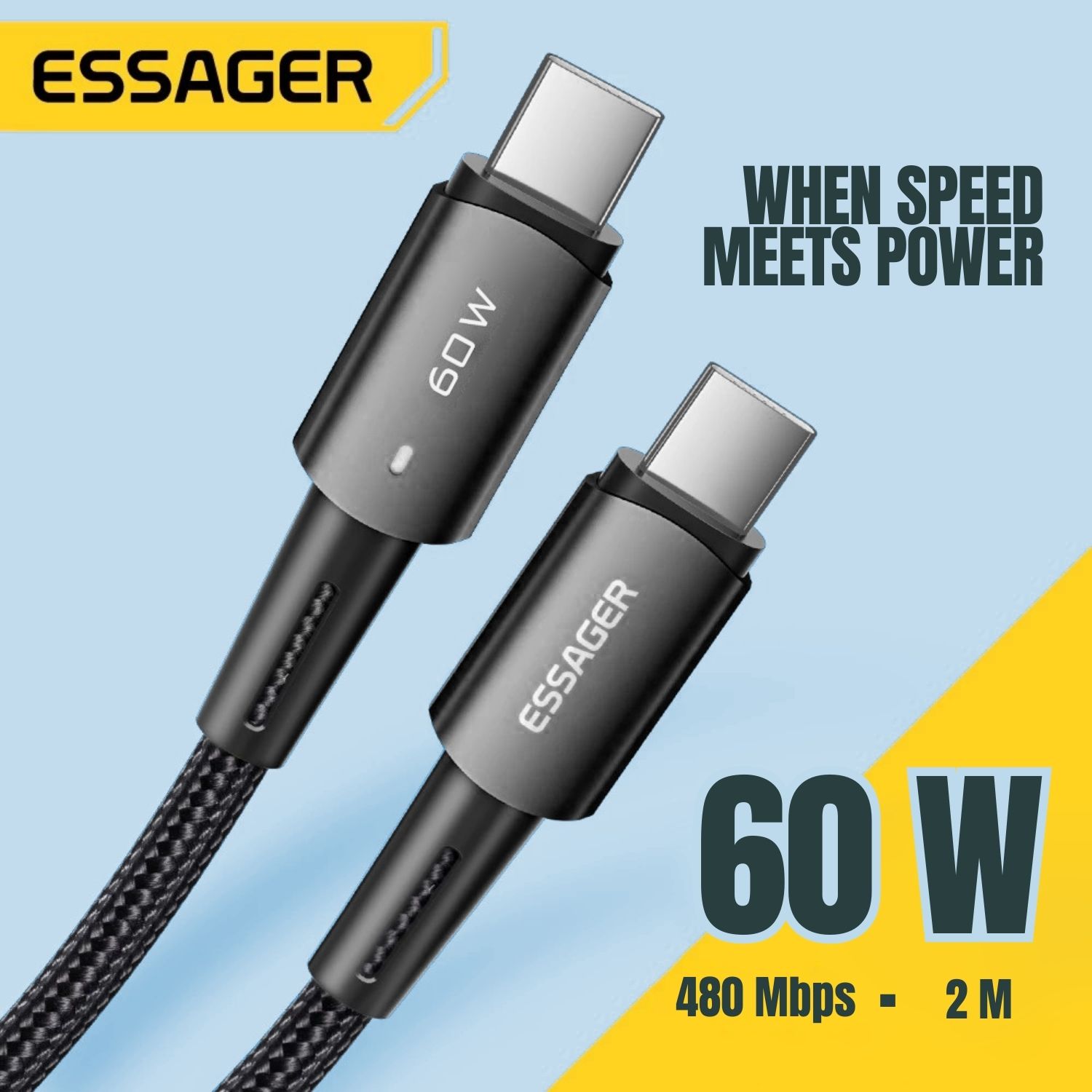 ESSAGER Kabel Data USB Type C to USB Type C Fast Charging LED Braided 60W ES-X16 Transfer Data 480Mbps Nylon Braided Aluminium Alloy Lampu LED Kabel Charger USB C untuk Laptop Tablet Smartphone Perangkat USB Type C Original 2 Meter Black - Gambar 3