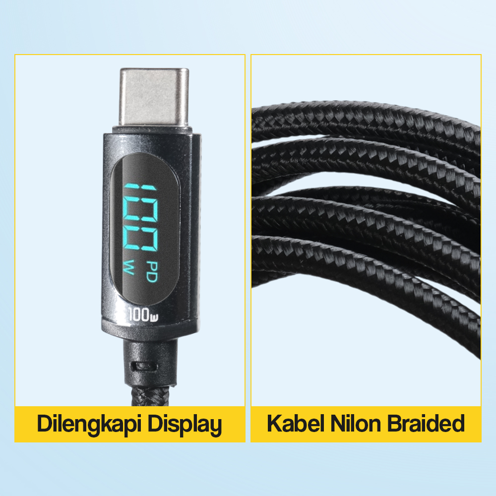 ESSAGER Kabel Data USB Type C to Type C Fast Charging 100W 5A Braided Nylon LED Digital Display ES-X28 Power Delivery PD E-Marker Transfer Data 480Mbps Kabel Charger USB C untuk Laptop Tablet Smartphone Perangkat USB Type C Original 2 Meter Black - Gambar 5