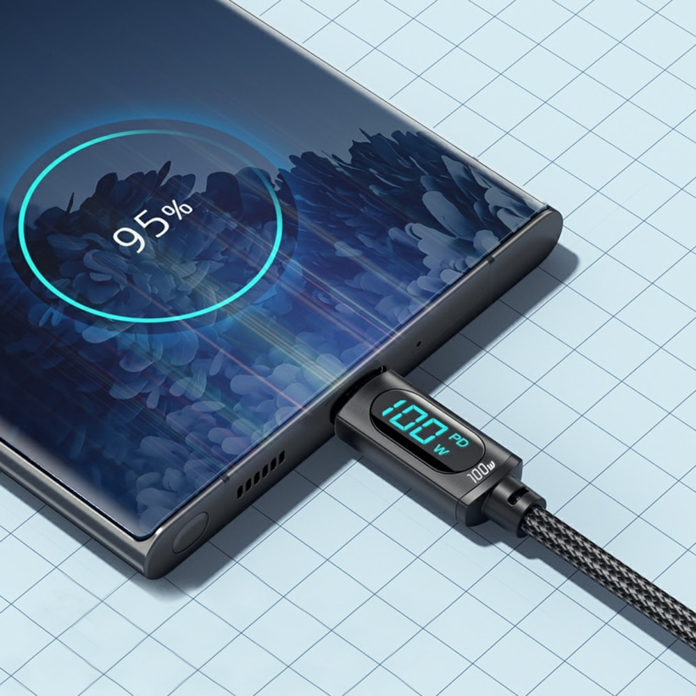 ESSAGER Kabel Data USB Type C to Type C Fast Charging 100W 5A Braided Nylon LED Digital Display ES-X28 Power Delivery PD E-Marker Transfer Data 480Mbps Kabel Charger USB C untuk Laptop Tablet Smartphone Perangkat USB Type C Original 2 Meter Black - Gambar 6