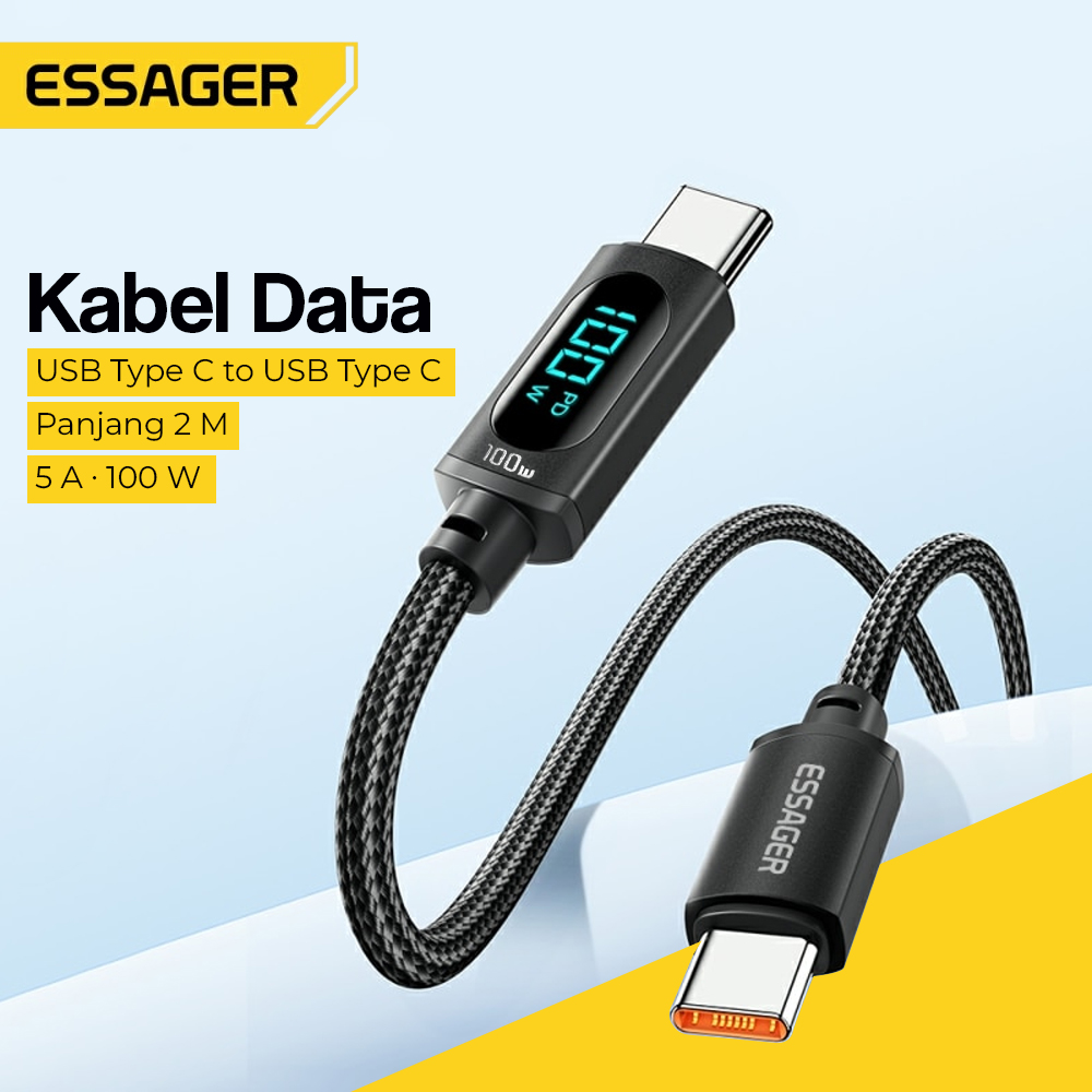 ESSAGER Kabel Data USB Type C to Type C Fast Charging 100W 5A Braided Nylon LED Digital Display ES-X28 Power Delivery PD E-Marker Transfer Data 480Mbps Kabel Charger USB C untuk Laptop Tablet Smartphone Perangkat USB Type C Original 2 Meter Black - Gambar 3