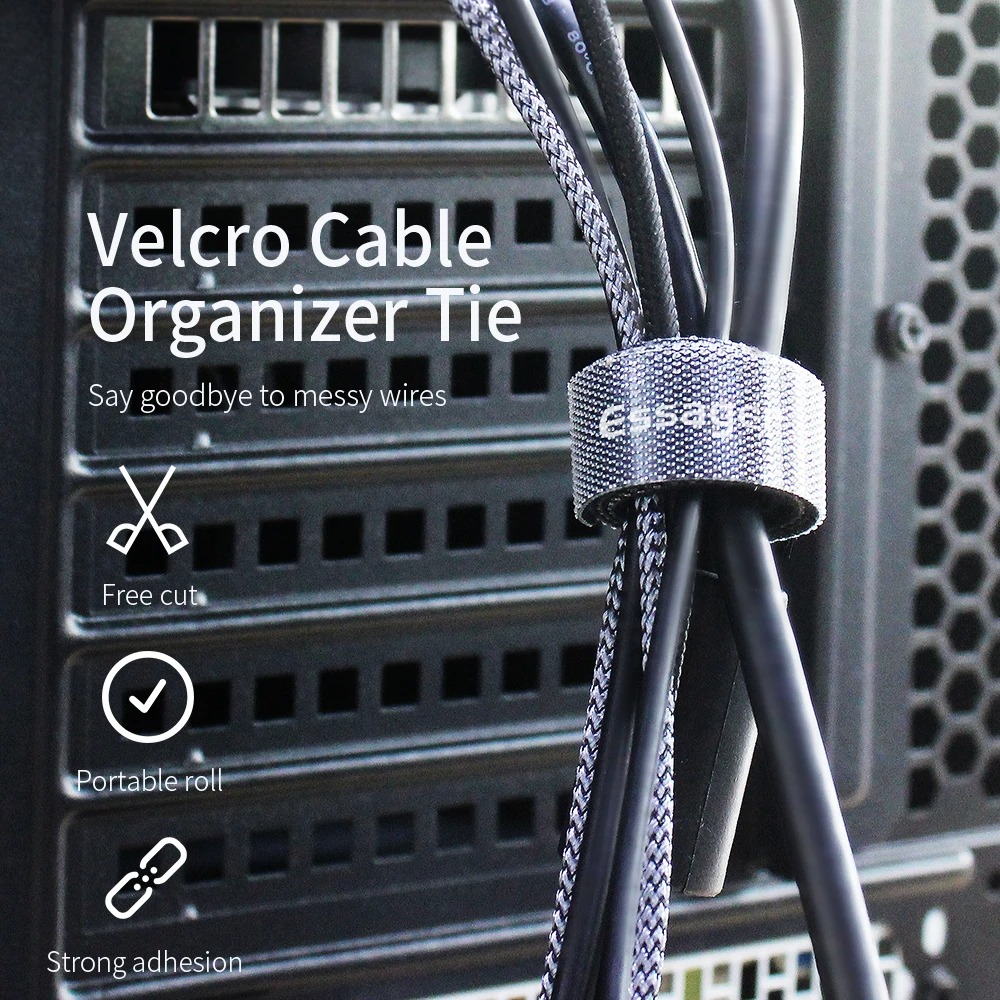ESSAGER Pengikat Kabel Velcro Strap Organizer Wire Winder Tearable 1M EXD-LX01 Reusable Cable Management Nilon Velcro Adjustable Cuttable Pengikat Kabel Charger Komputer Peralatan Elektronik Panjang 1 Meter Lebar 15mm Black Original - Gambar 3
