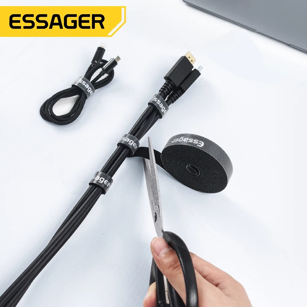 ESSAGER Pengikat Kabel Velcro Strap Organizer Wire Winder Tearable 1M EXD-LX01 Reusable Cable Management Nilon Velcro Adjustable Cuttable Pengikat Kabel Charger Komputer Peralatan Elektronik Panjang 1 Meter Lebar 15mm Black Original - Gambar 2