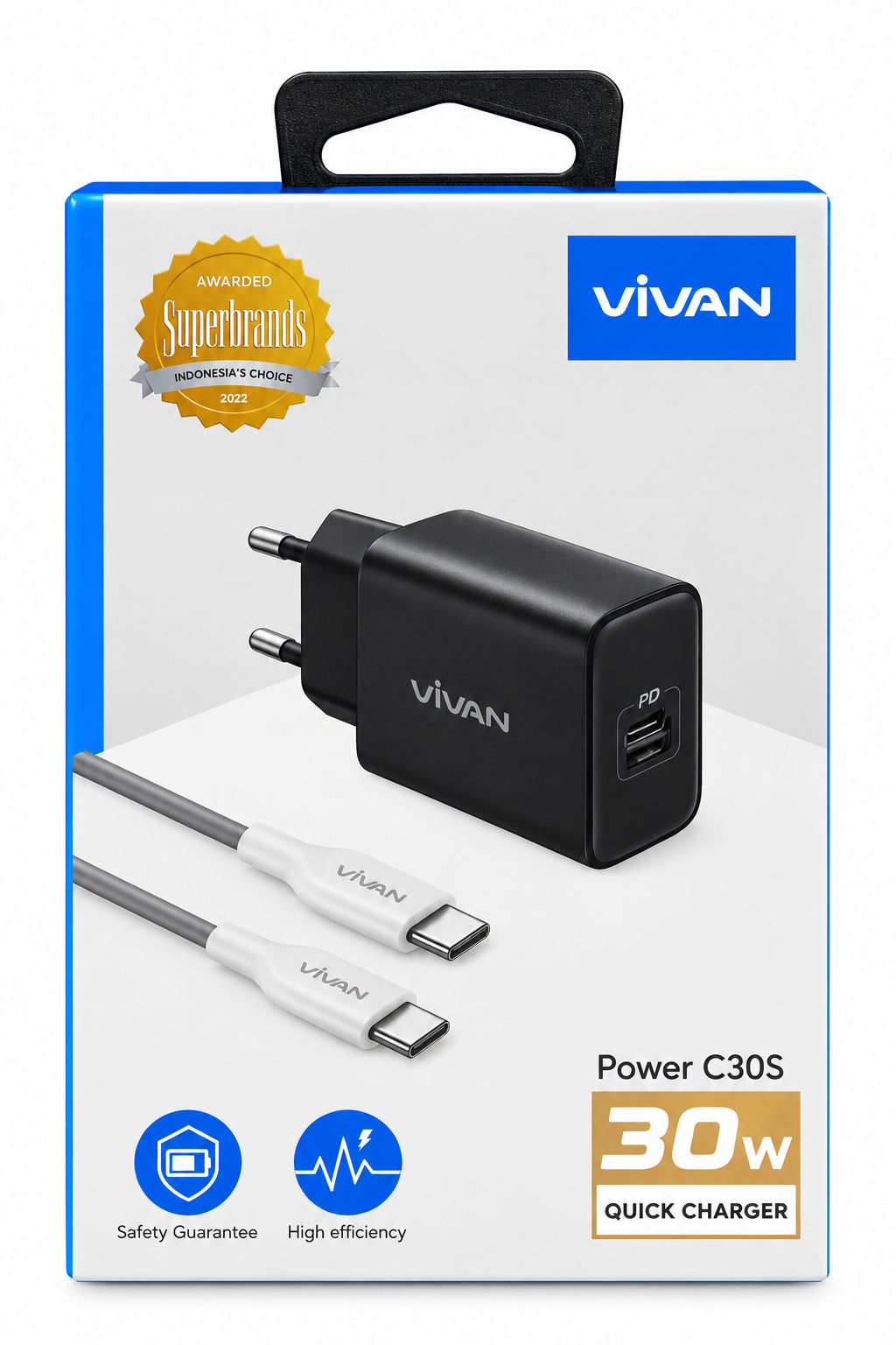 VIVAN Power C30S Charger 30W USB C PD Super Fast Charging Set Adaptor Kepala Charger Include Kabel Type C to Type C 3A Original QC3.0 Power Delivery 8 Safety Protection Mini Charger Garansi Resmi 12 Bulan Hitam - Gambar 6