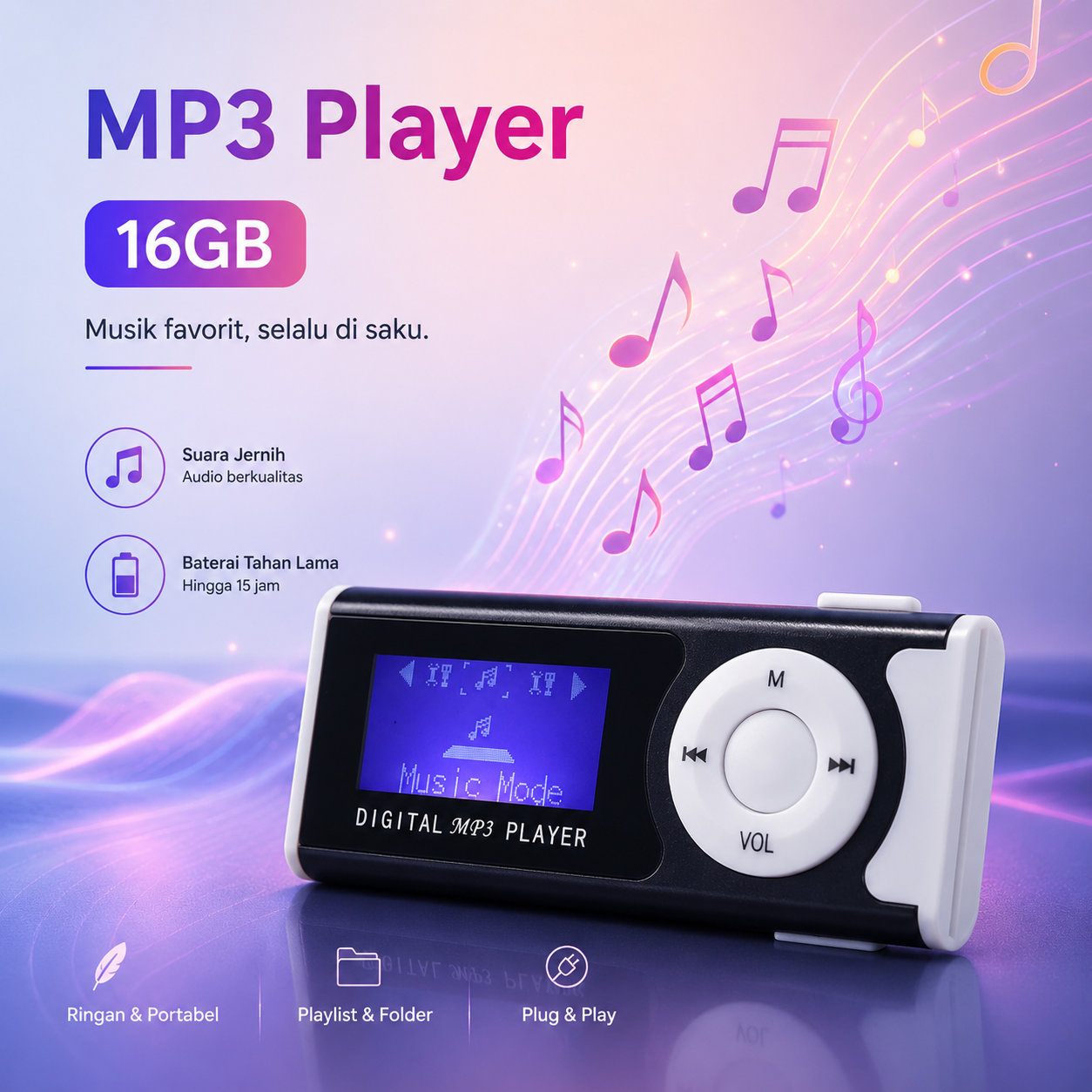 Pemutar Musik Portable MP3 Player 16GB SD Card LCD with Flashlight GC8945 Mini Music Player TF Card AUX 3.5mm Layar LCD Lampu LED Klip Portable Mini USB Mendukung SD Card Hingga 16GB Warna Black - Gambar 2