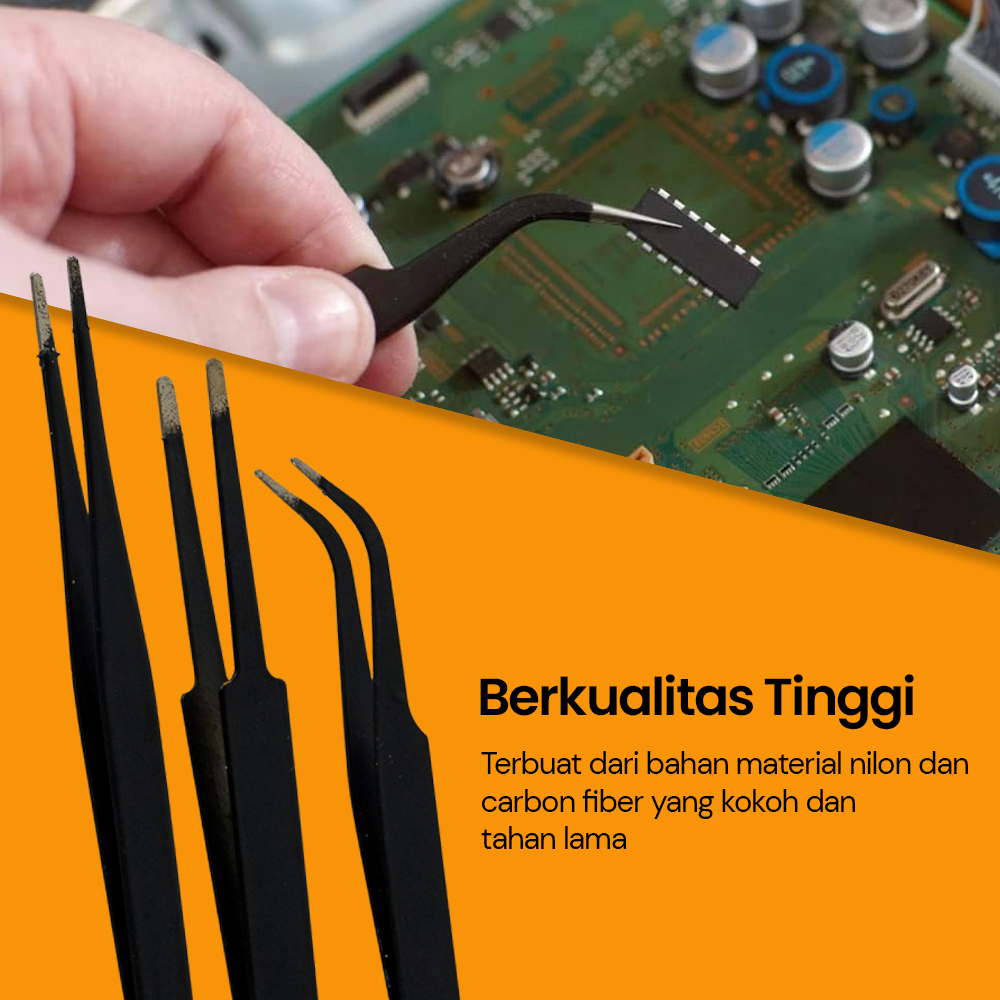 Taffware Pinset Anti Static TS-9803 Electronic Tweezers Set 3 PCS ESD Nilon Carbon Fiber Fine Tip Flat Tip Curved Tip Pinset Presisi untuk Servis HP Laptop PCB IC Mainboard Elektronik DIY Reparasi Teknisi Ringan Ergonomis - Gambar 4