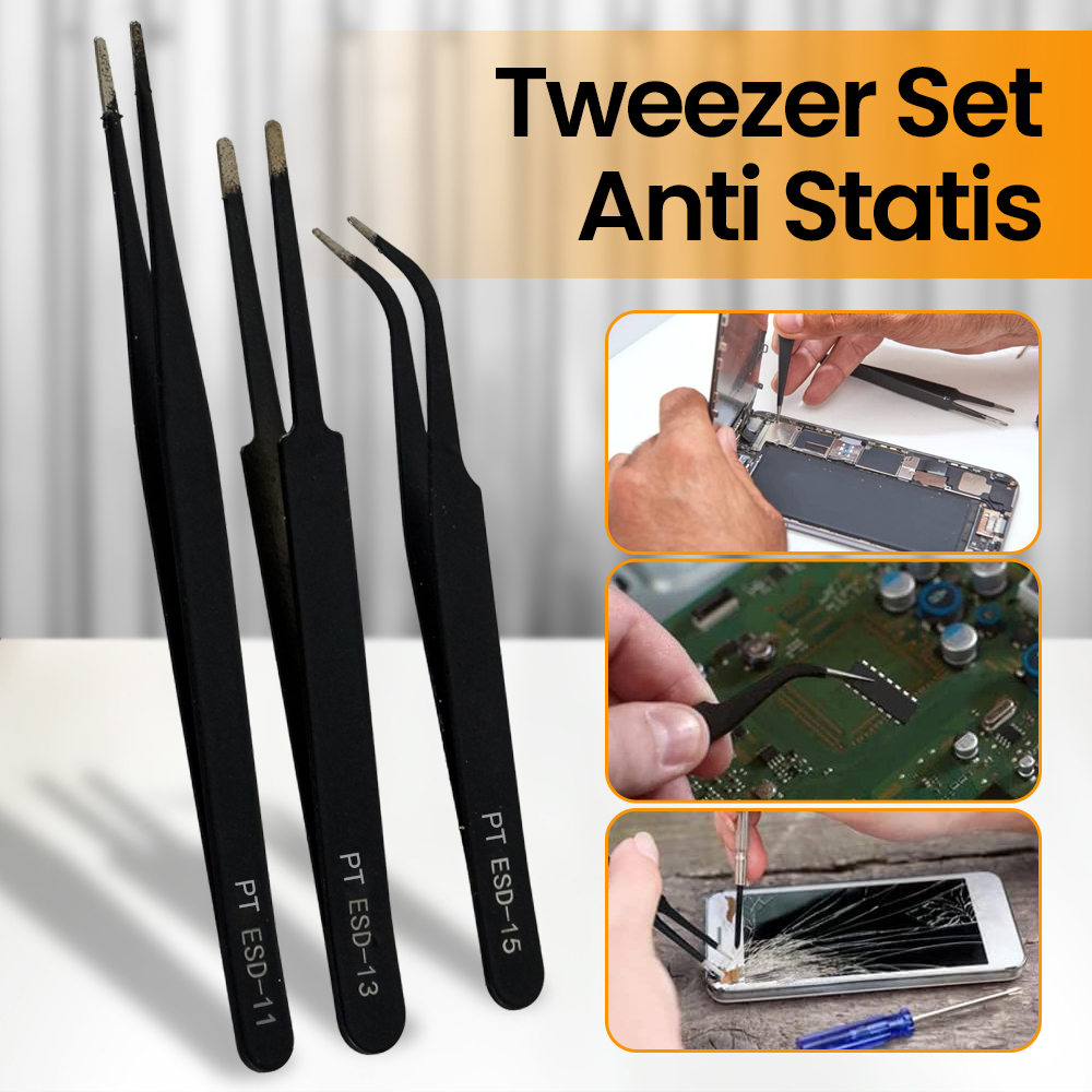 Taffware Pinset Anti Static TS-9803 Electronic Tweezers Set 3 PCS ESD Nilon Carbon Fiber Fine Tip Flat Tip Curved Tip Pinset Presisi untuk Servis HP Laptop PCB IC Mainboard Elektronik DIY Reparasi Teknisi Ringan Ergonomis - Gambar 2