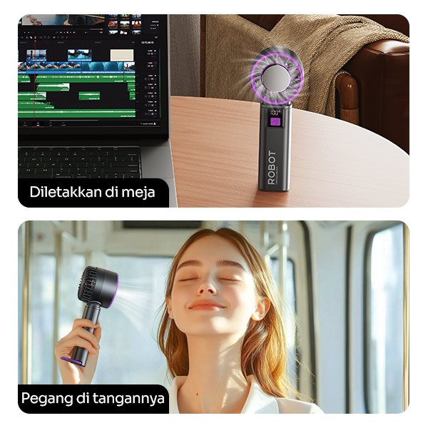 ROBOT RT-HF01 Pro Kipas Mini Portable Handheld Highspeed 2000mAh LED Display 9000RPM 100 Tingkat Kecepatan Angin Rechargeable USB Type C Kipas Pendingin dengan Daya Tahan hingga 4.5 Jam untuk Camping Travelling - Gambar 5