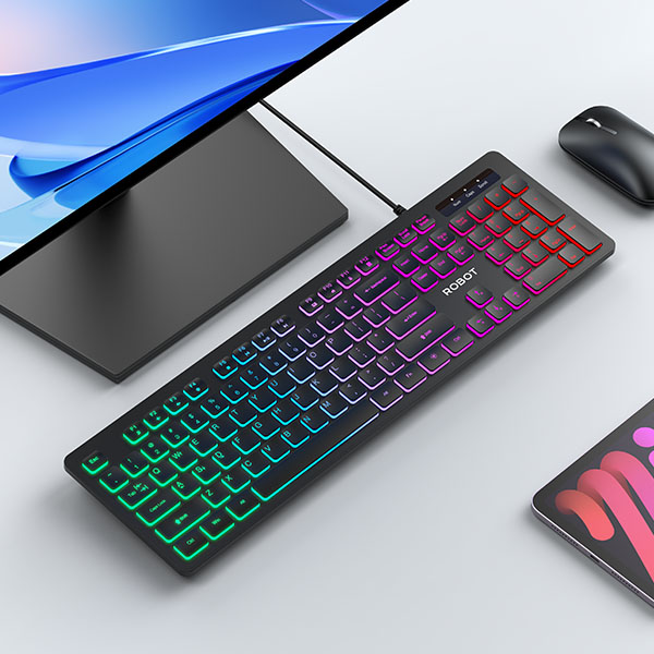 ROBOT RK40 Keyboard Kabel USB RGB 7 Color Rainbow LED Backlit Full Size 104 Tombol Wired USB Ultra Slim Keyboard Ergonomis Tombol Senyap FN Multimedia Shortcut untuk Komputer PC Laptop Kerja Gaming Belajar - Gambar 2