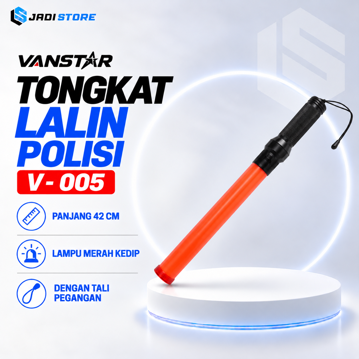 VANSTAR Tongkat Lalin Polisi Satpam Juru Parkir Pendek Kurus 42cm Senter Pengatur Lalu Lintas Lampu Merah Nyala Kedip Alat Bantu Parkir Touring Malam Dilengkapi Tali Pegangan Baterai C 2pcs - Gambar 2