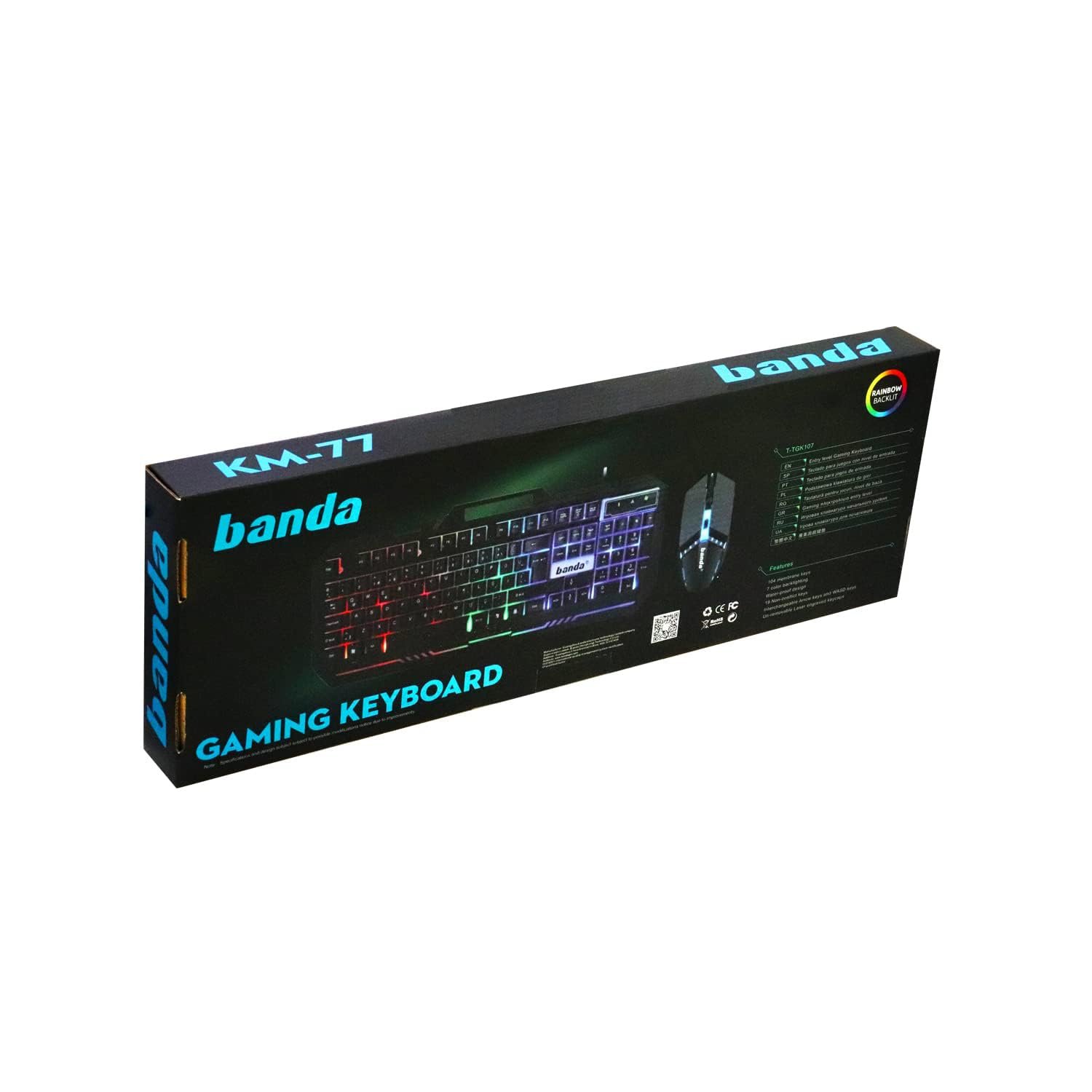 Banda Gaming KM-77 Keyboard Mouse USB Gaming 104 Tombol Membrane Rainbow LED 7 Warna Metal Surface Waterproof 19 Non-Conflict Laser Engraved Keycaps Tombol WASD dan Arrow Dapat Ditukar untuk PC Laptop Komputer - Gambar 3