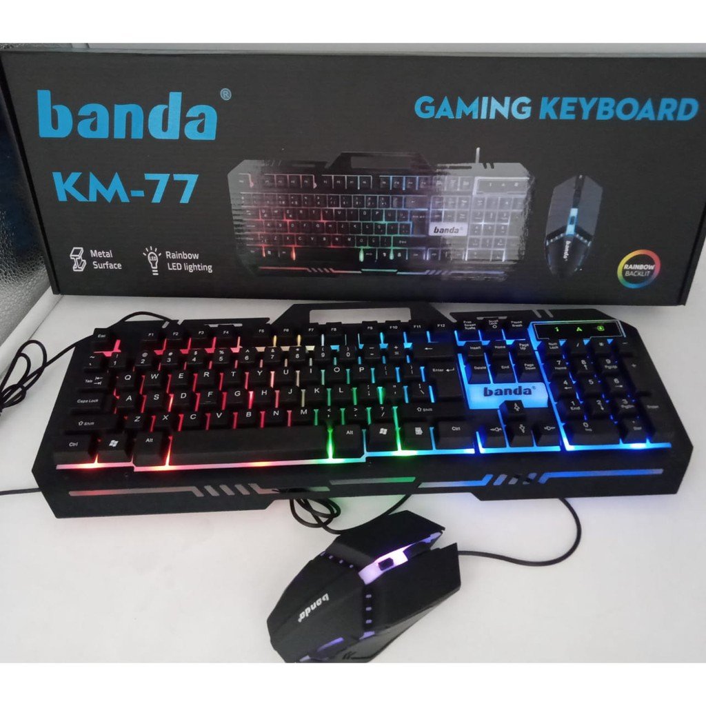 Banda Gaming KM-77 Keyboard Mouse USB Gaming 104 Tombol Membrane Rainbow LED 7 Warna Metal Surface Waterproof 19 Non-Conflict Laser Engraved Keycaps Tombol WASD dan Arrow Dapat Ditukar untuk PC Laptop Komputer - Gambar 5