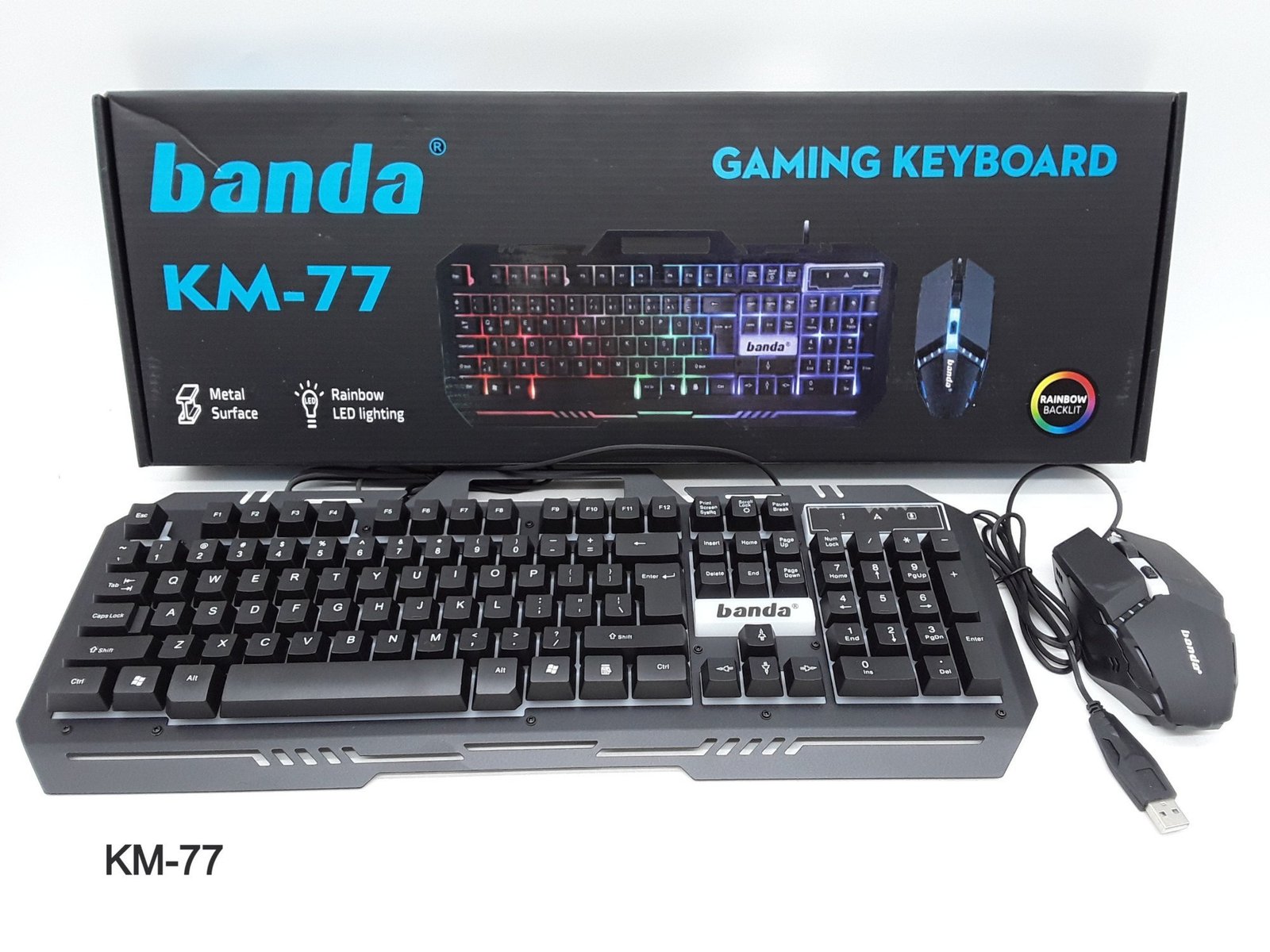 Banda Gaming KM-77 Keyboard Mouse USB Gaming 104 Tombol Membrane Rainbow LED 7 Warna Metal Surface Waterproof 19 Non-Conflict Laser Engraved Keycaps Tombol WASD dan Arrow Dapat Ditukar untuk PC Laptop Komputer - Gambar 6