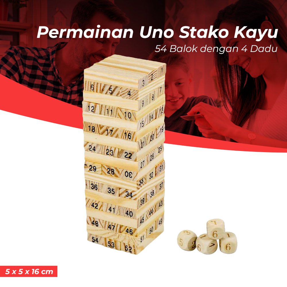 Toddi Permainan Balok Susun Kayu 54 Balok dengan 4 Dadu Game Susun Balok Edukatif untuk Anak dan Dewasa 2-10 Pemain Melatih Fokus Konsentrasi Keseimbangan Motorik Ketelitian Logika serta Koordinasi - Gambar 2